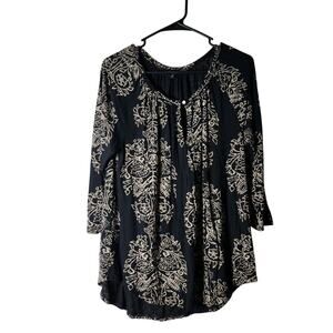 Lucky Brand Tunic Blouse Size Medium Black Floral 3/4 Sleeve Boho